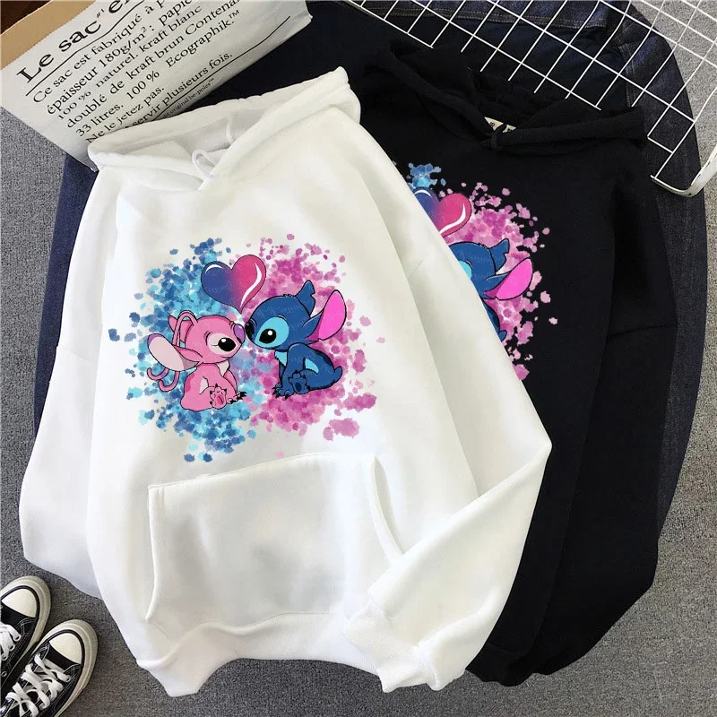 Disney Stitch Hoodies Women Harajuku Pullovers Cute Kawaii Casual Tops O-Neck Angel Print Hooded Sweatshirt Long Sleeves