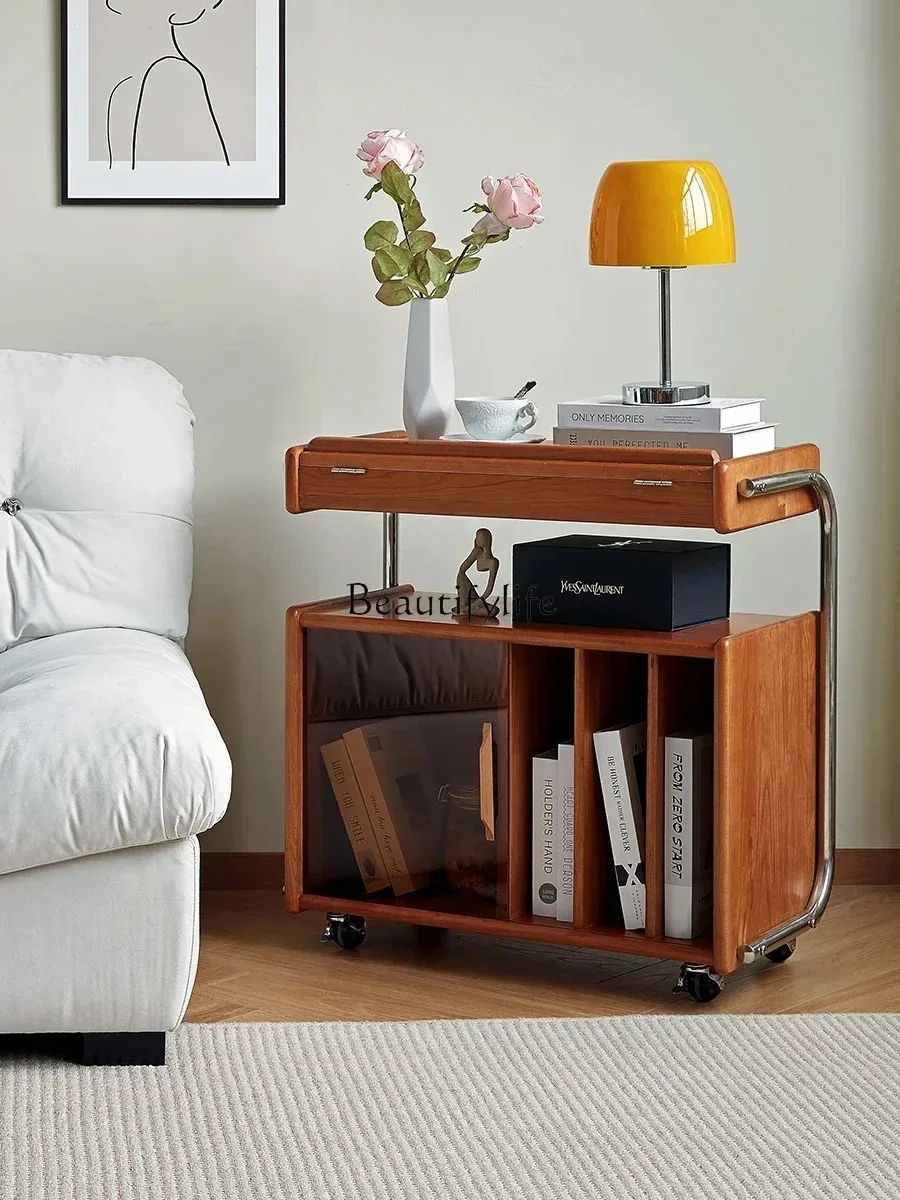 

Nordic retro sofa side cabinet solid wood mobile living room next to the wall storage cabinet