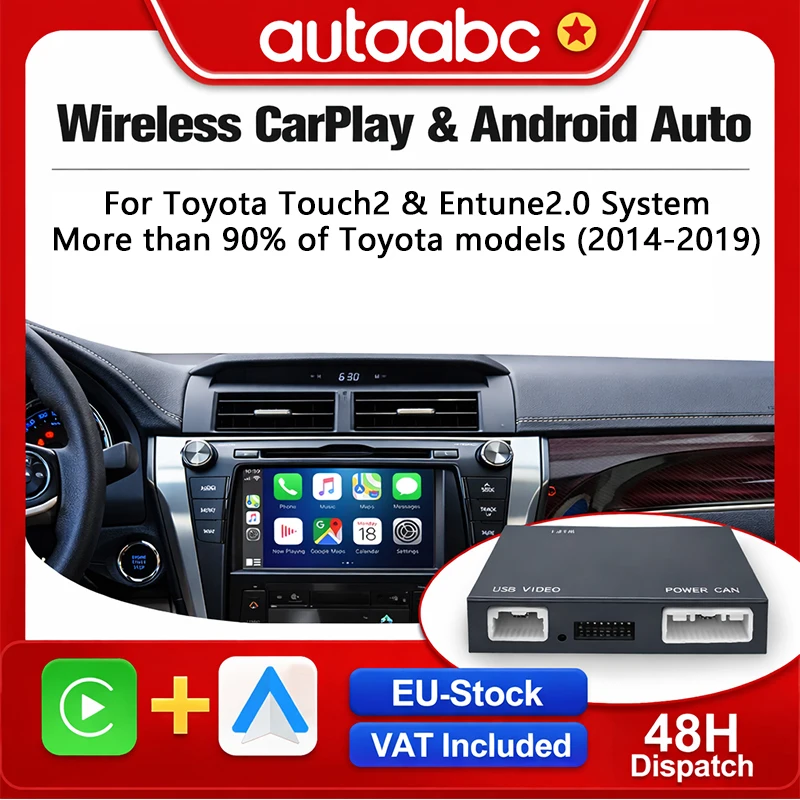 Boîte AUTOABC CarPlay Android Auto sans fil pour Toyota Touch2 Entune 2.0 Tundra Corolla Highlander Tundra Sienna Prius Yaris Camry
