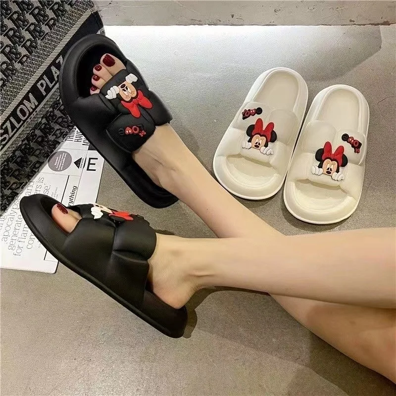 Cute cartoon animal Mickey bow women\'s slippers thick bottom soft couple indoor bathroom women\'s Minnie 2024 summer sandals