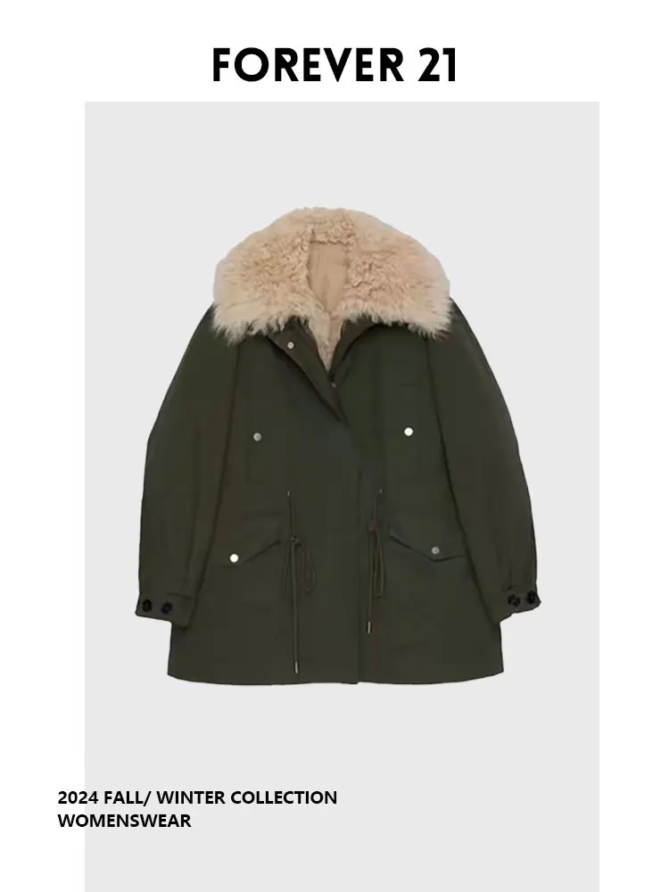 

Forever 2 Military een Fur Collar Parka Women's Winter New Dstring Mid-Length Jaet Long Sve Other Material 00%