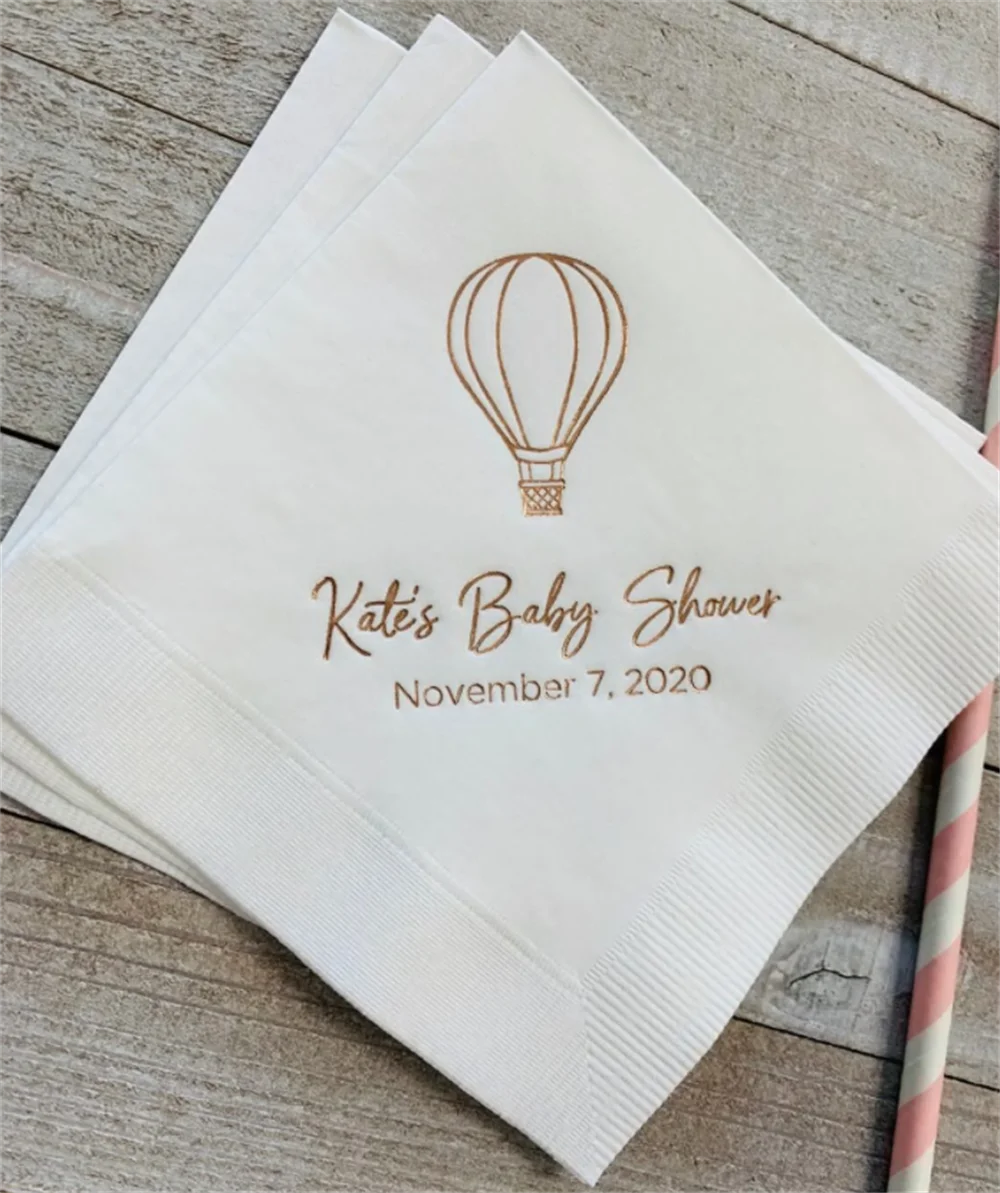 50PCS Personalized Napkins Hot Air Balloon Baby Shower Theme Custom Monogram Cocktail Beverage Luncheon Dinner Guest Towels