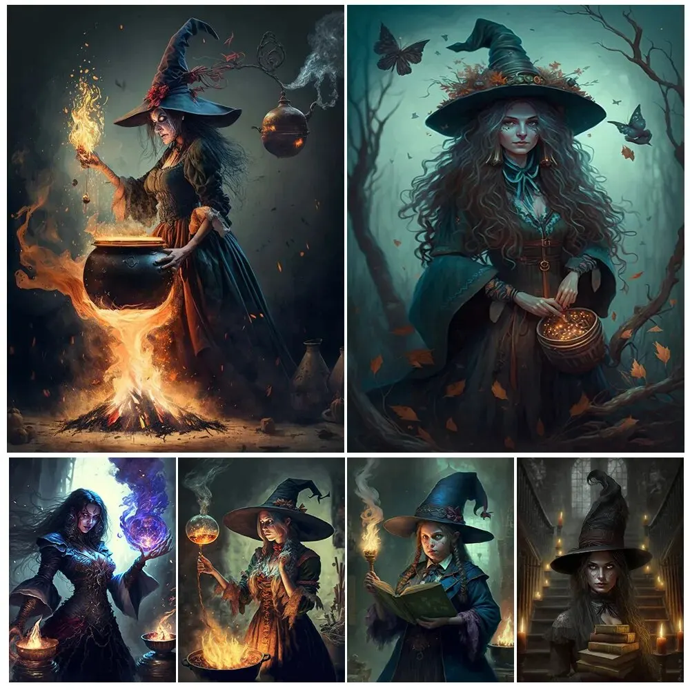 Vintage Herb Witch  Magic Potion Cauldron Wall Art Canvas  Wizard Studying Black Magic Poster Print Decor for Home