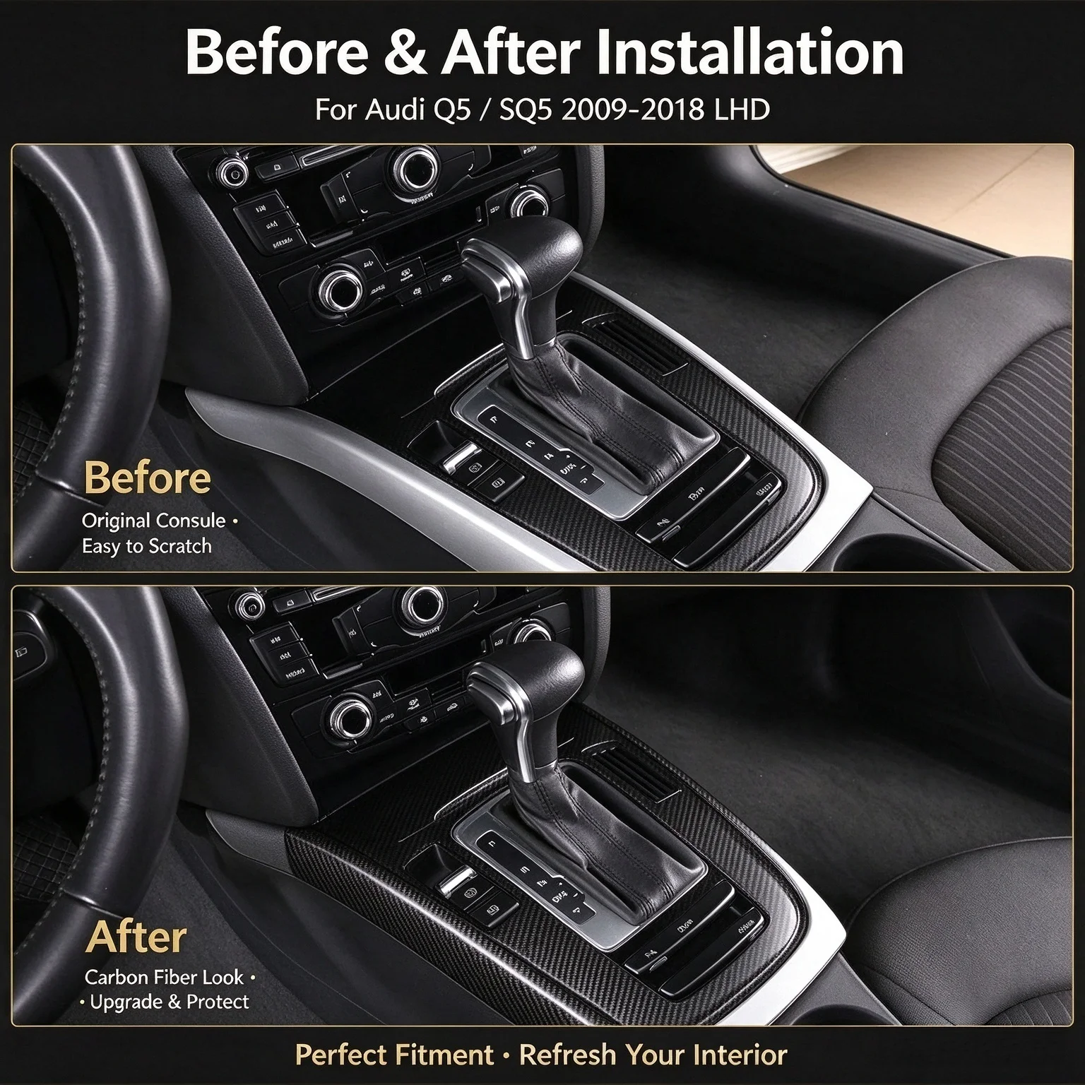 For Audi Q5 SQ5 2009-2018 Gear Shift Side Frame Trim ABS Chrome Carbon Fiber Silver Piano Black Center Console Shift Surround Pa