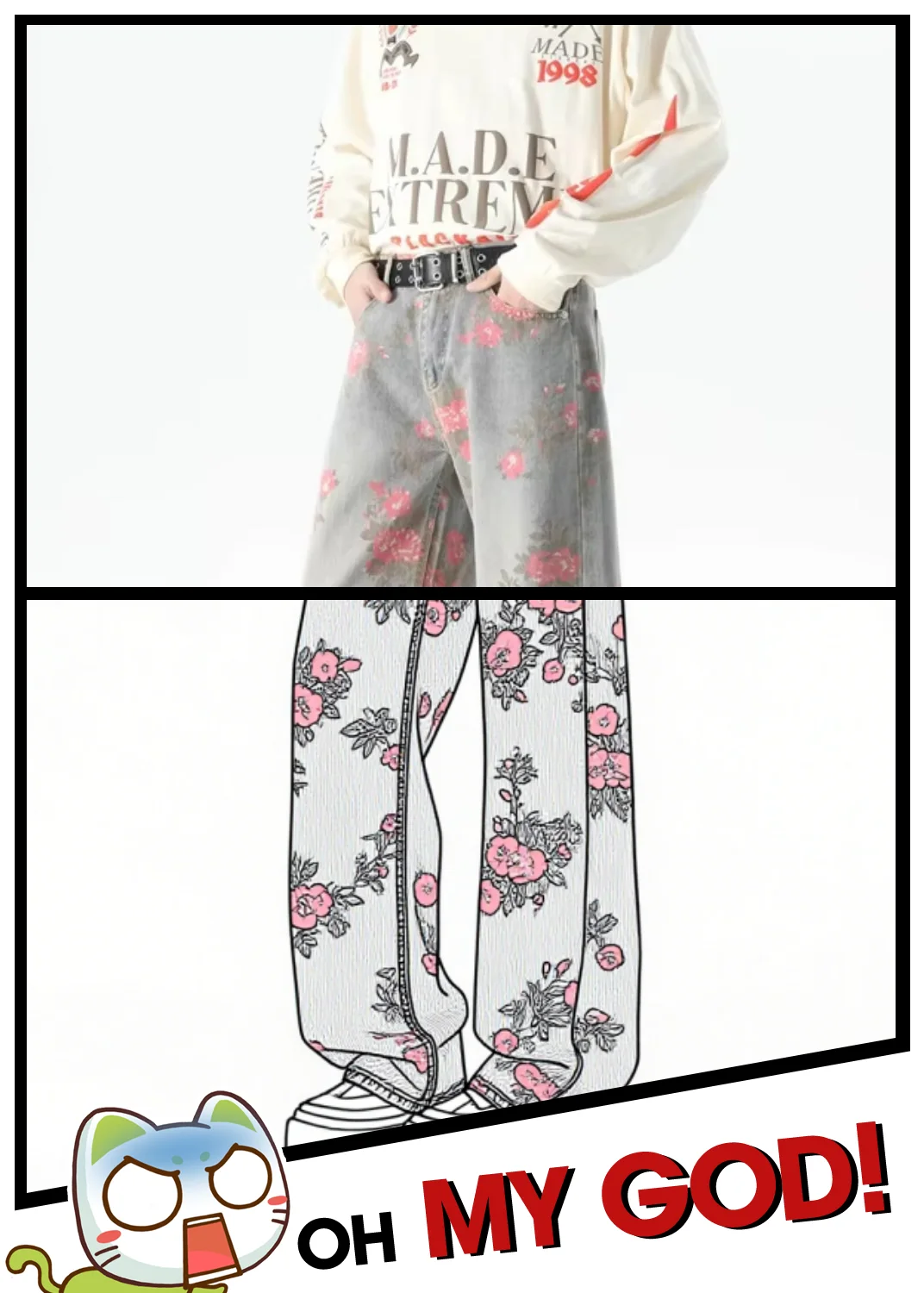 

new Autumn Flower Print Baggy Straight leg Jeans Men American High Street Casual Denim Pants Hip Hop Streetwear Y2k Punk Trouser