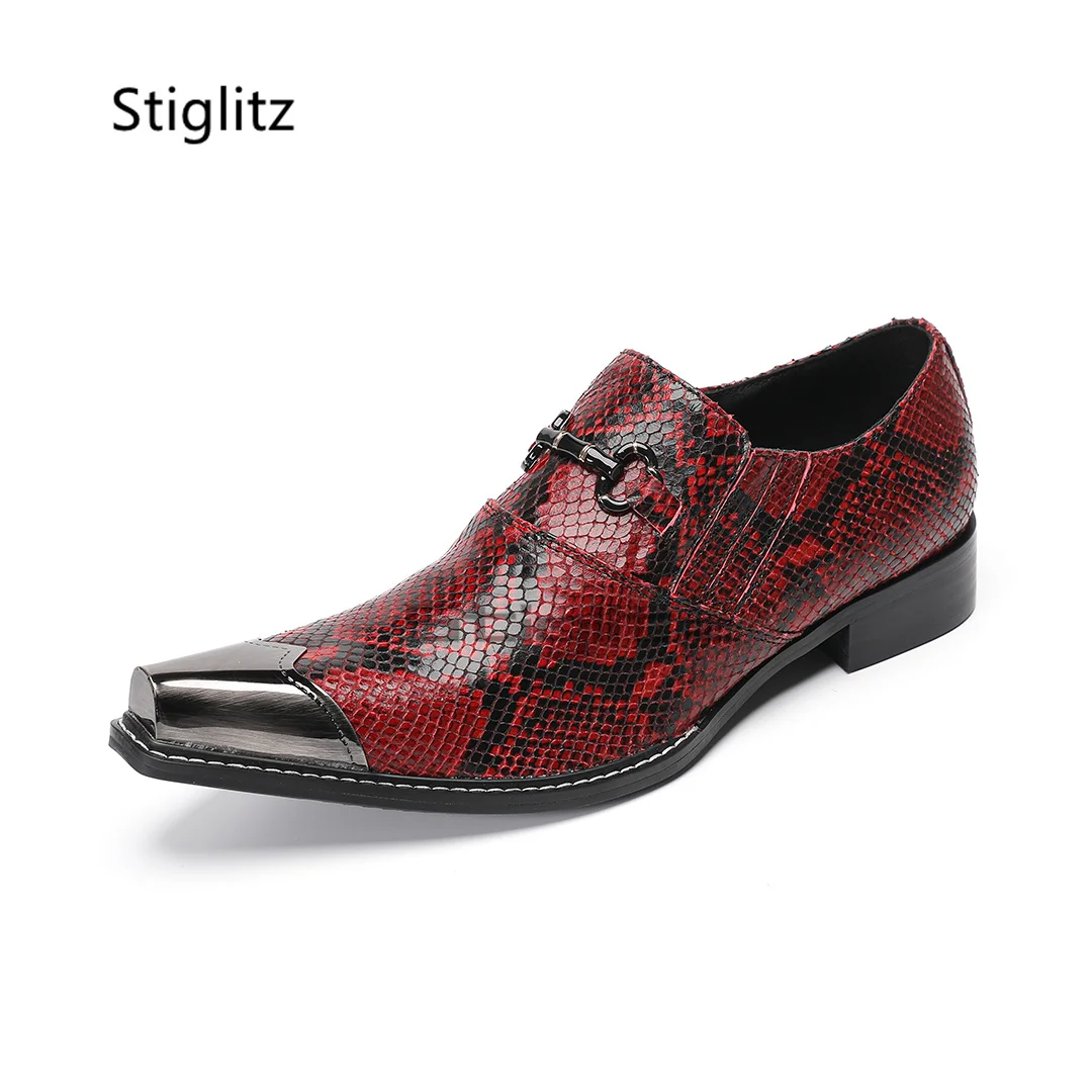 Metal Pointed Toe Leather Shoes for Men Buckle Snake Pattern Genuine Leather Men's Shoes Slip On Formal Wedding Business Shoes