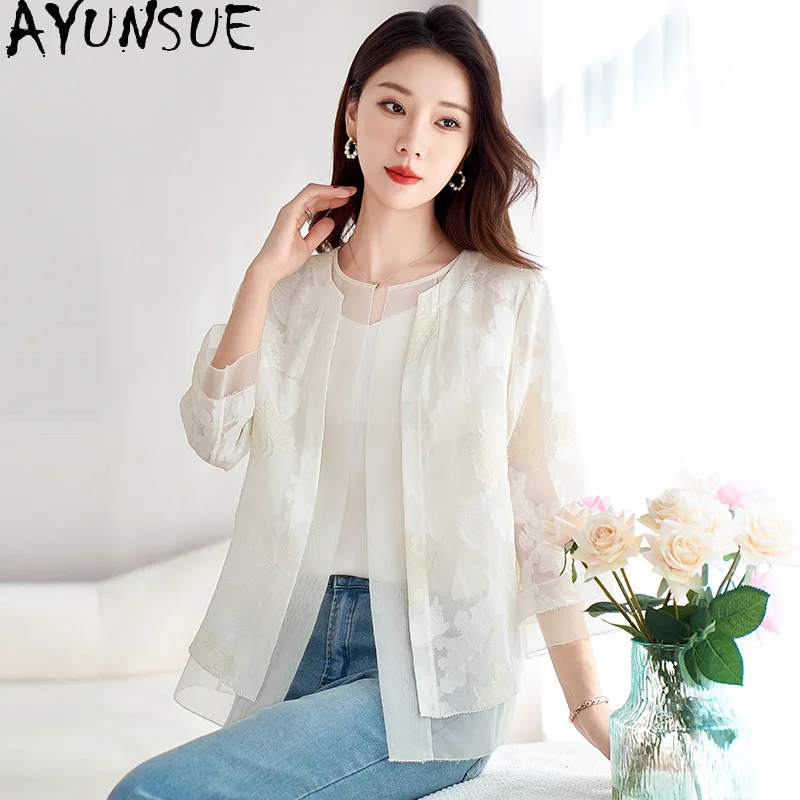 AYUNSUE 100% Real Mulberry Silk Tops for Woman Elegant Autumn Women Clothes Sunscreen Jacquard Women Coats 2026 Roupas Femininas