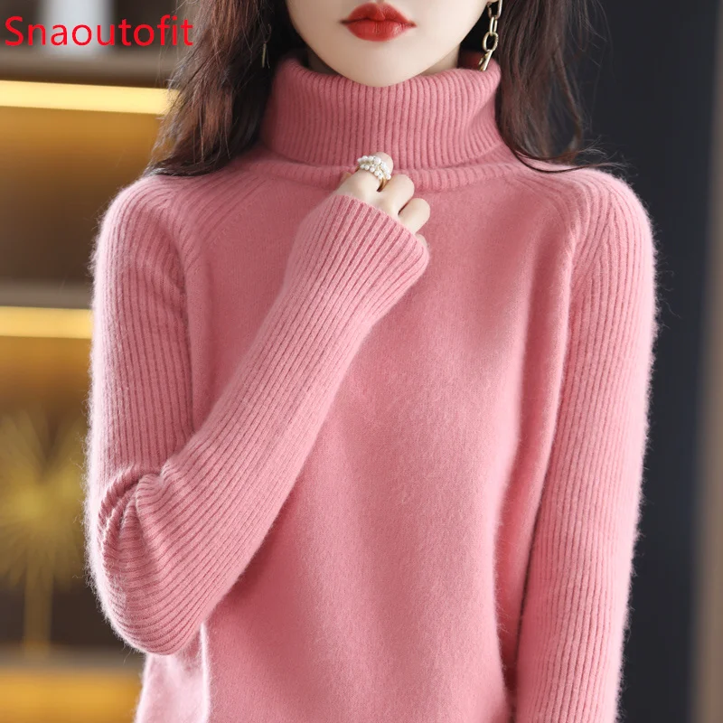 Autumn and Winter New 100% Mink Cashmere Sweater Women\'s High Lapel Slit Knitted Pullover Large Size Loose Basics Thick Warm Top