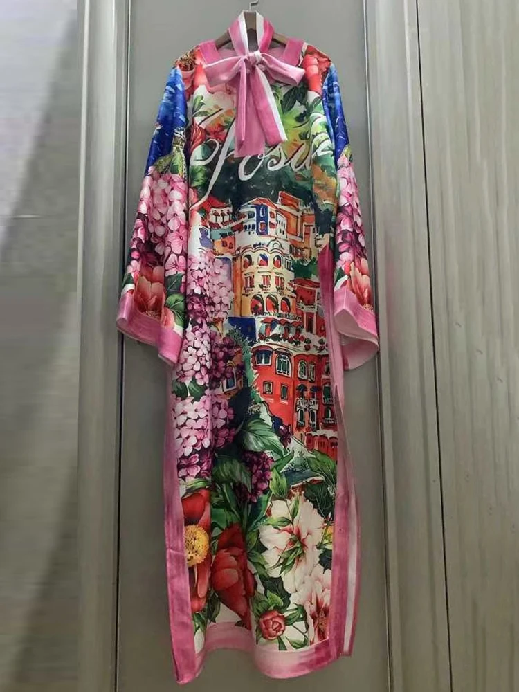 Abito da donna estivo 2025 con stampa geometrica retrò, colletto semiabierto, cravatta in vita stretta, gonna gonfia alla moda con spacco sull'orlo ampio