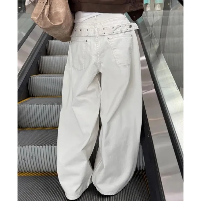 

Retro Rivet Back Waist Belt Design Loose Wide Leg Jeans High Waist Casual Cotton Denim No Stretch Comfortable Fit All Seasons