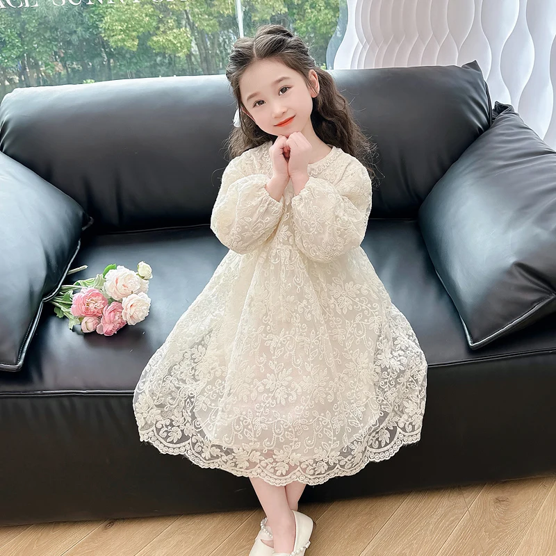 Girls pure color floral lace dress summer single piece