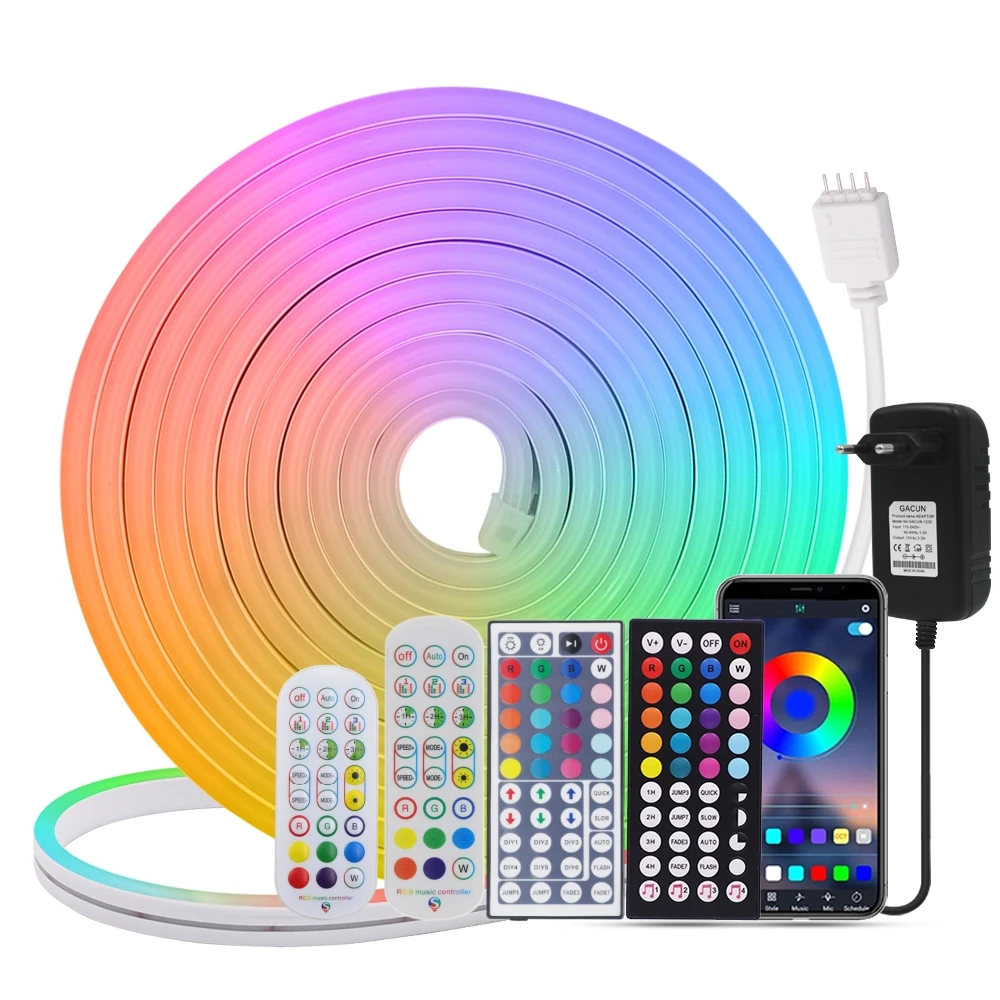 6X12MM Bluetooth WIFI APP Dimmable RGB Strip LED Neon Light Sign 12V 1M 2M 3M 5M IP65 Rope Tape Lamp Alexa Google Home Decor