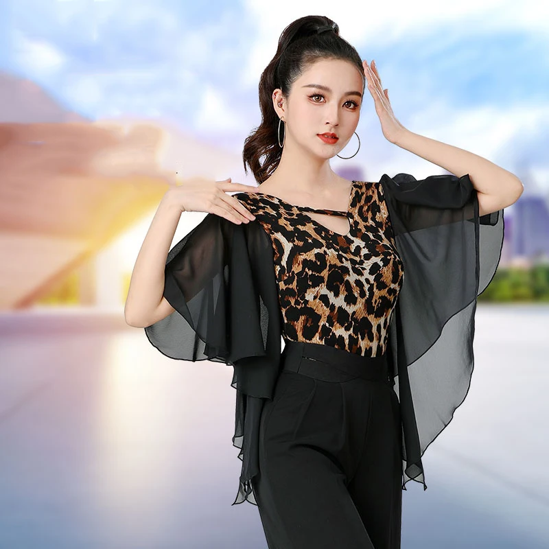Vêtements de danse modernes imprimé léopard, col en v, manches en maille, combinaison Chacha Rumba Tango, Costumes de danse de salle de bal latine, DN20703
