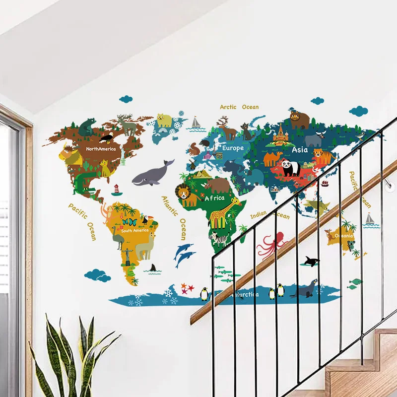 Adesivi murali mappa del mondo dei cartoni animati per camerette Camera da letto per bambini Decorazione murale per aula Sfondi adesivi in vinile autoadesivi