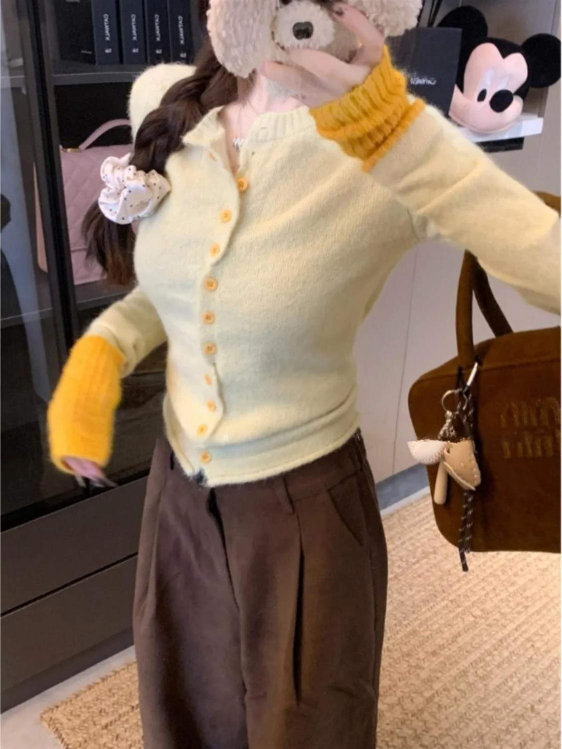 

Yellow Knitted Base Layer Top Women's ort Sle Dopane Inner Wear Spring Autumn Faion Gentle Girl Sensation Small irt