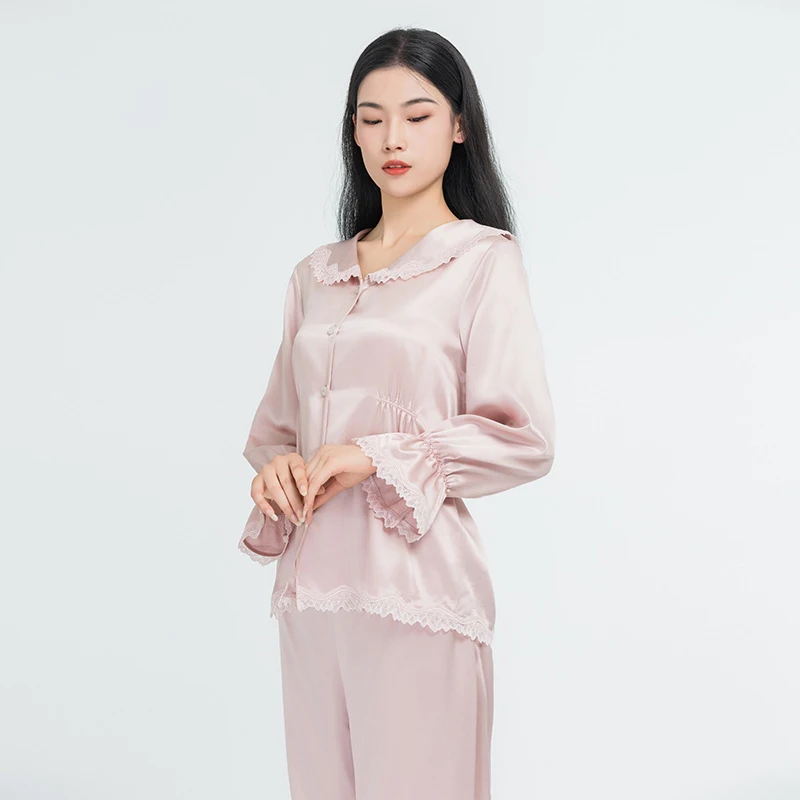 22 Momme 100% Mulberry Silk Pajama Set Women Lace Collar Long Sleeve Sleepwear Luxury Soft Silk Nightwear Trouser Suit