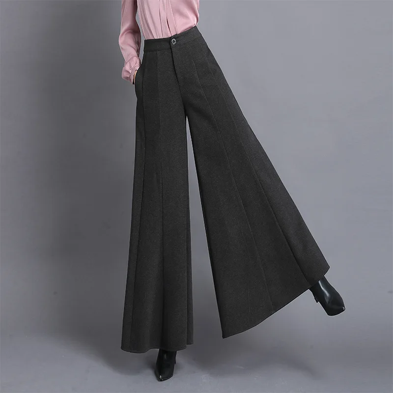 Pantalones gruesos y cálidos de pierna ancha para mujer, falda de temperamento, cintura alta, holgados, gris oscuro, talla grande, otoño e invierno, 3089