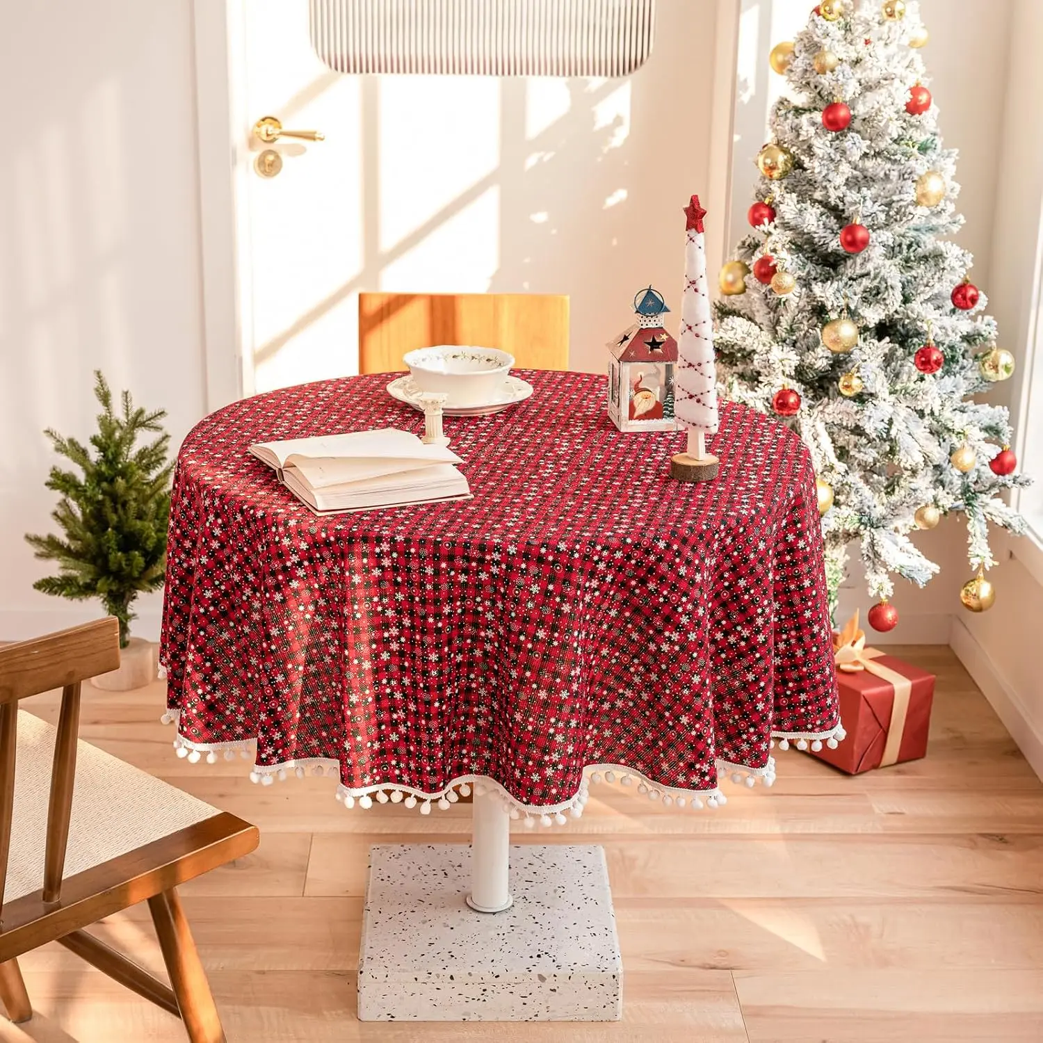 Christmas Red Plaid Tablecloth Decor Color Woven Polyester Cotton Red Green Table Cover WithTassel for Home Party Dining Decor