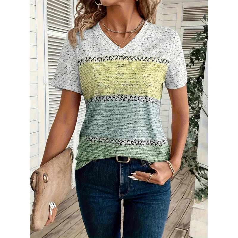 Women's Casual Top - Stretch Short Sleeves, Fashionable Color Block and Floral Print, Easy-Care