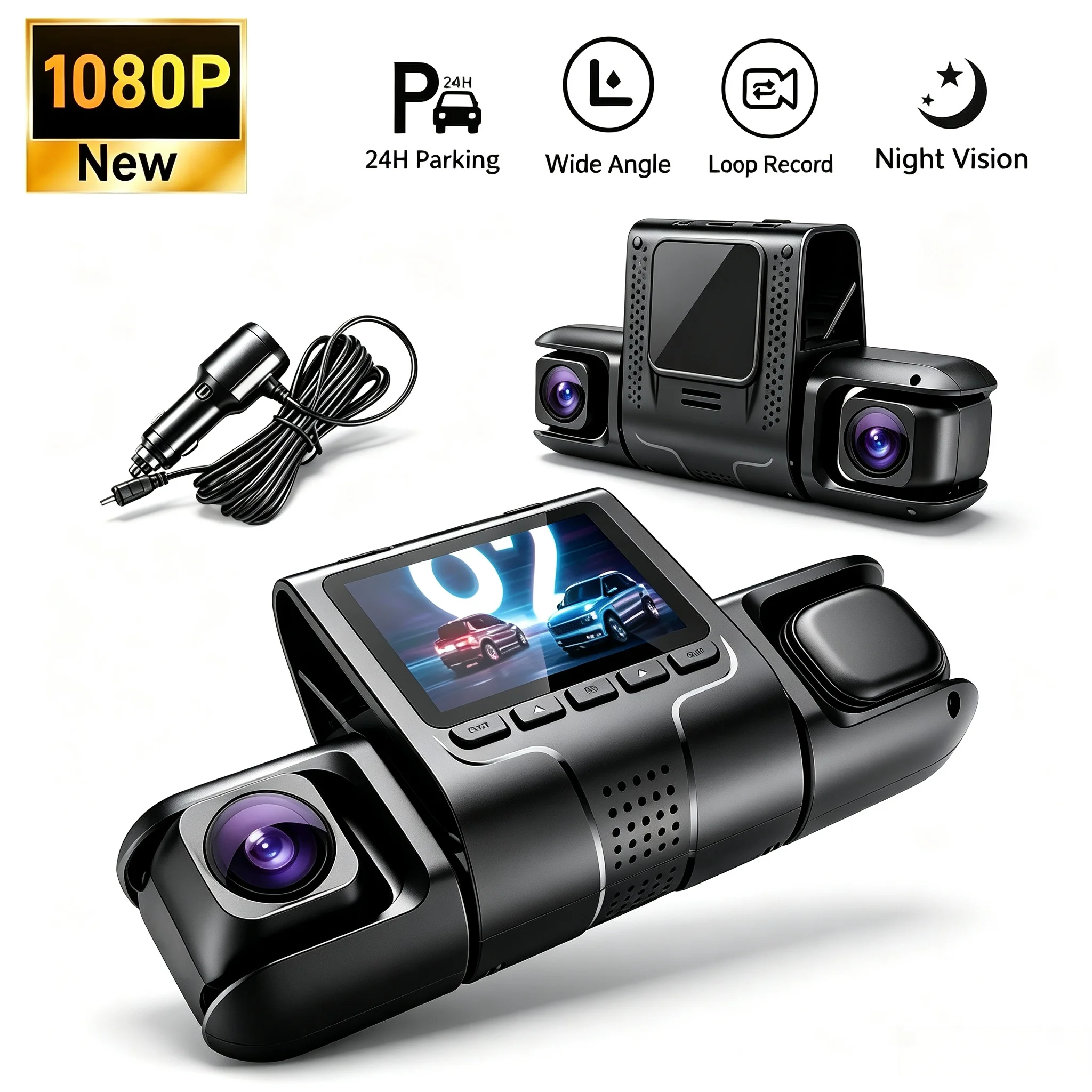 Front And Interior Dash Cam, 1080P Front Camera And 720P Interior Camera Recording Car DVR Cam with 170° Wide Angle, Night Vision, Small Car Dash Camera, 24H Parking Monitor, Loop Recording, G-Sensor, Without SD Card, Car Dash Cam