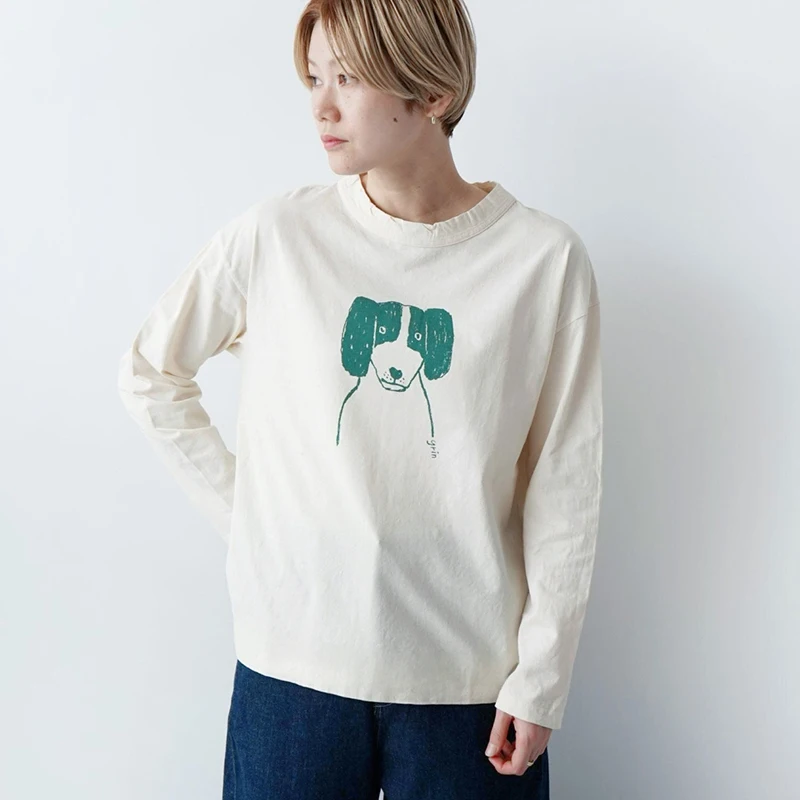 

Японская футболка с длинным рукавом из бамбукового хлопка с принтом Island Dog, удобная, универсальная, модная, омолаживающая, стильная.