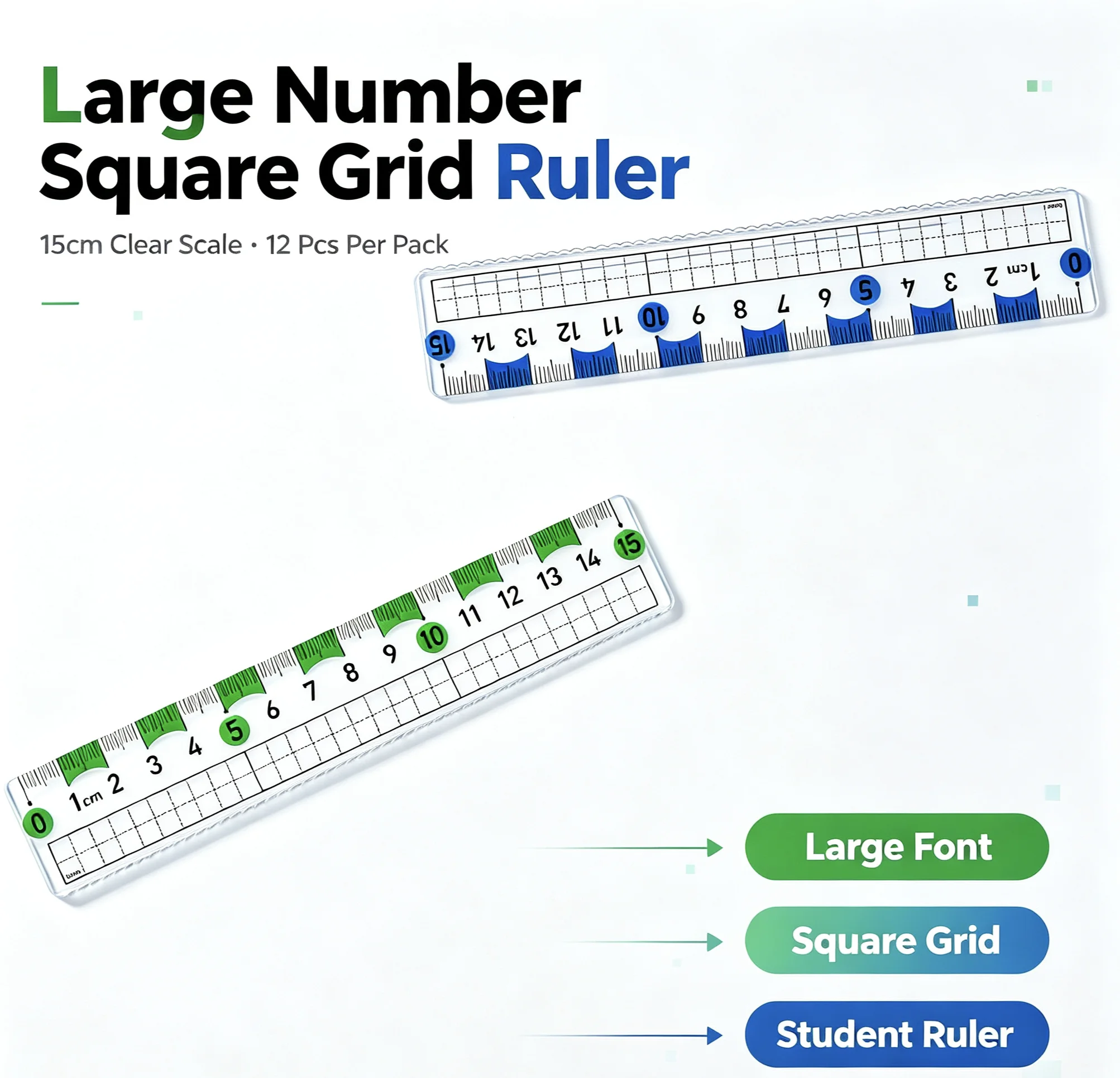Blue & Green Large Number Square Grid 15cm Straight Ruler for Primary Students, 12 Pcs Per Pack