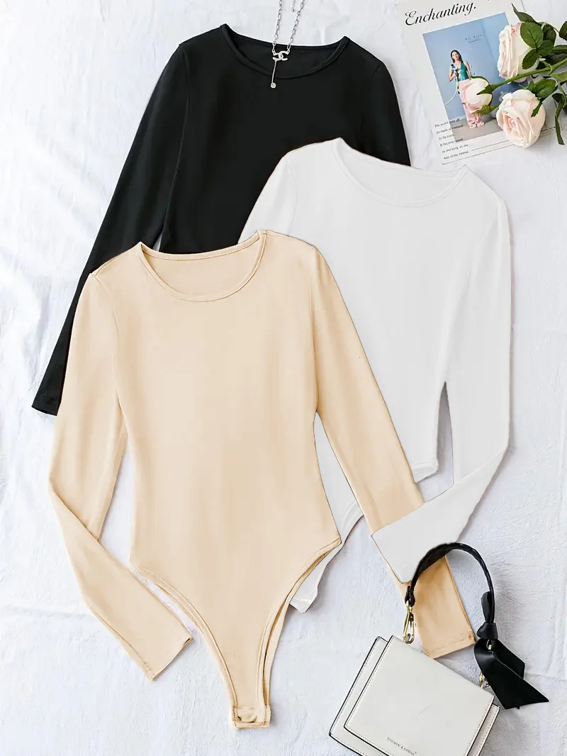 

Spring and autumn long-sleeved, women's solid-color, form-fitting, versatile and stretchy one-piece top set of three pieces
