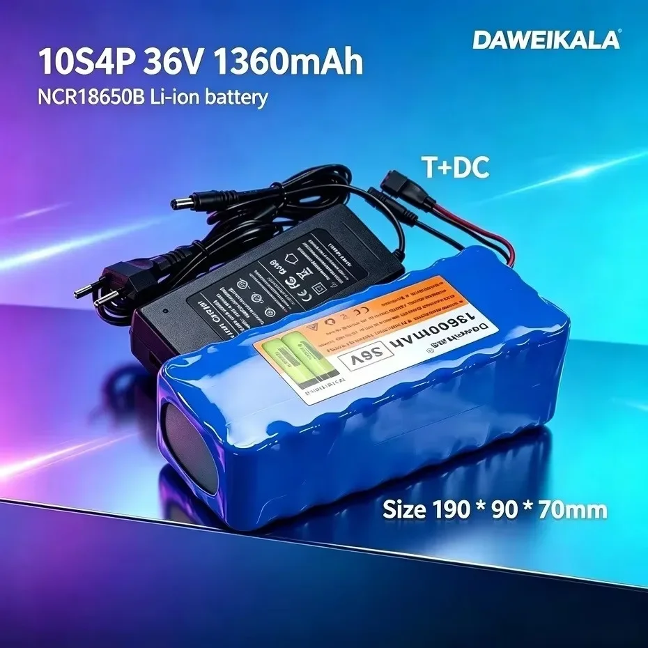 DAWEIKALA, 36V 13600mAh 10S4P wiederaufladbarer Lithium-Ionen-Akku mit EU-Ladegerät, eingebautem BMS-Schutz für Elektrofahrräder, Roller und Skateboards, Schutz vor Überladung und Kurzschluss, stabile