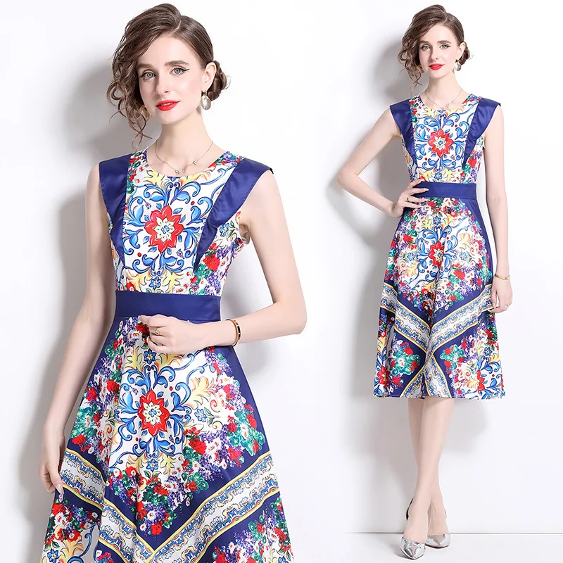 Briti Sle Large Size Svel Midi Dr Ele Lady Court  round Ne Women's Dr Casual Floral Print Polye...