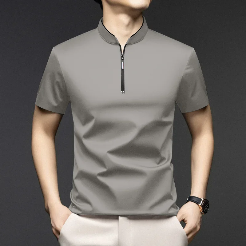 2025 nueva camisa Polo de manga corta de Color sólido con cremallera a la moda informal para hombre Top cómodo versátil con cuello levantado