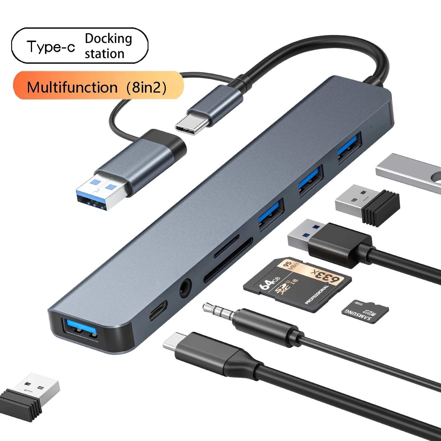 8in1 USB C Hub 4 USB Ports 1 USB-C Jack TF/SD Card Reader 3.5mm Audio Output for MacBook Pro iPad Pro iPhone 15 Laptop