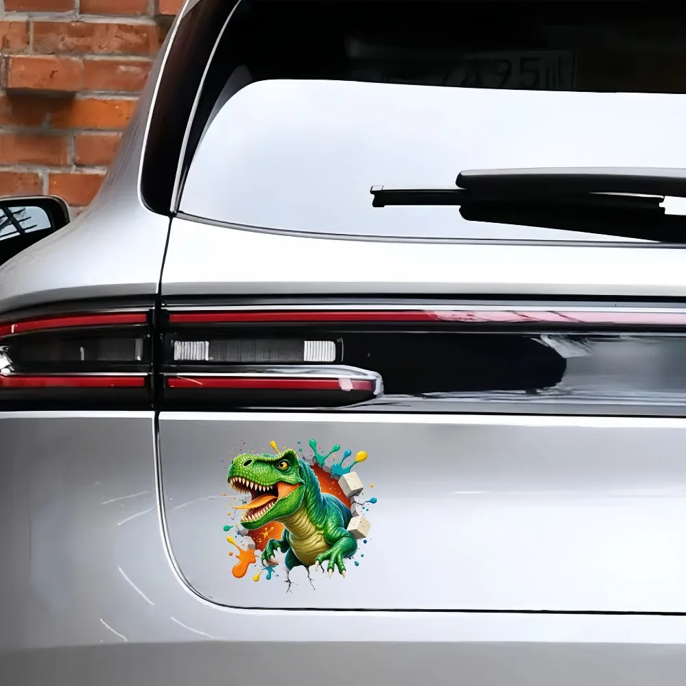 1pc Mighty Green T-Rex Decal Sticker Dynamic Roaring Dinosaur Bursting Through Wall Art with Colorful Paint Splashes Anime Ca