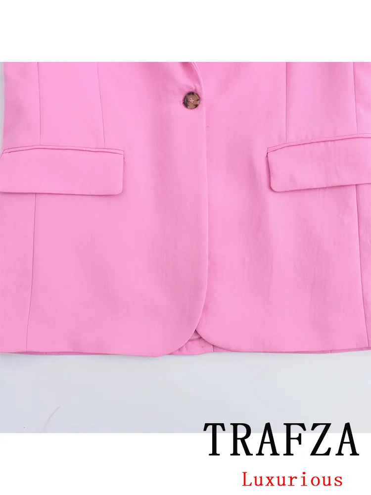 TRAFZA Vintage Chic Solid Women Suit Single Breasted Pockets Slim Blazer Straight Loose Pants New Fashion 2024 Office Lady Sets