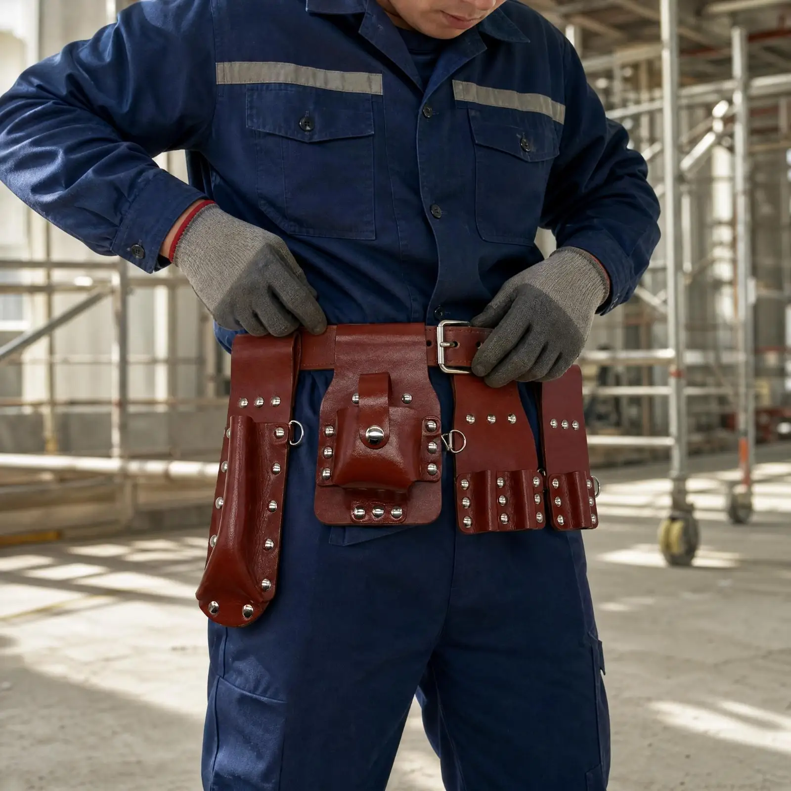 Work Belt Tool Pouch for Electrician with Adjustable Metal Buckle and Leather Compartments for Construction Maintenance