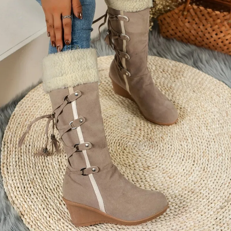 إمرأة أحذية الثلوج موضة إسفين كعب منصة الأحذية جودة الجلد المدبوغ حذاء كاجوال الشتاء أفخم الدافئة القطن التمهيد تصميم الأزياء الأحذية #4