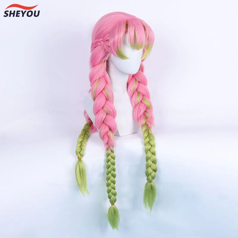 Peluca de Cosplay de Anime Mitsuri Kanroji, pelo largo rosa y verde trenzado resistente al calor, pelucas auténticas de Cosplay + gorro de peluca