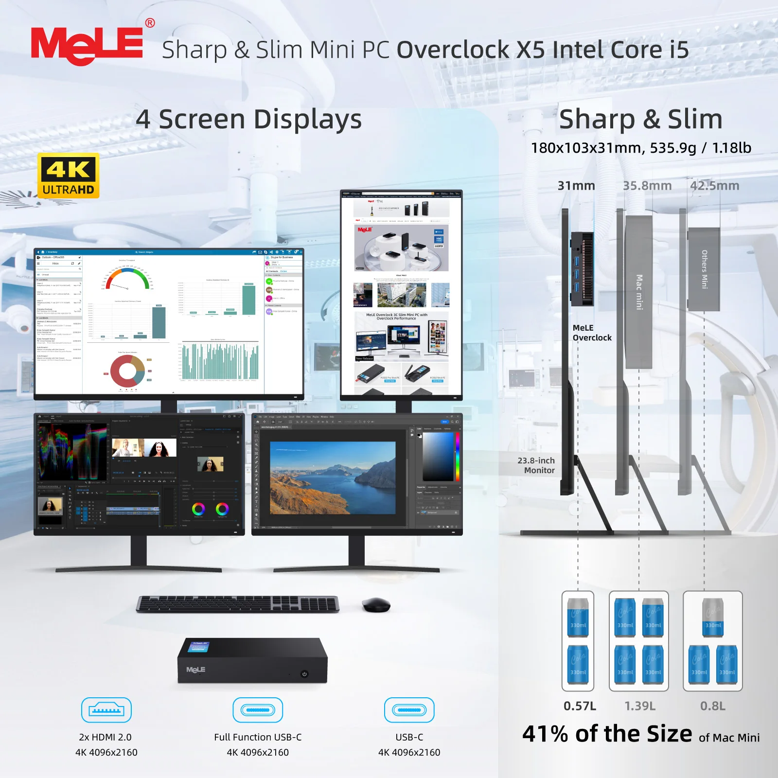 Mele mini pc intel core i5-12450H windows 11,16gb 512gb porta ethernet dupla, usb tipo-c, microcomputador de design industrial overclock x5