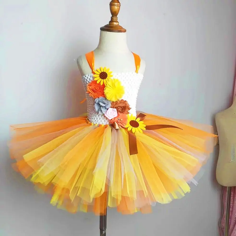 Orange Gold Sunflower Girl Tutu Dress for Kids Fall Autumn Halloween Costumes Girls Fairy Princess Dresses Children Birthday Out