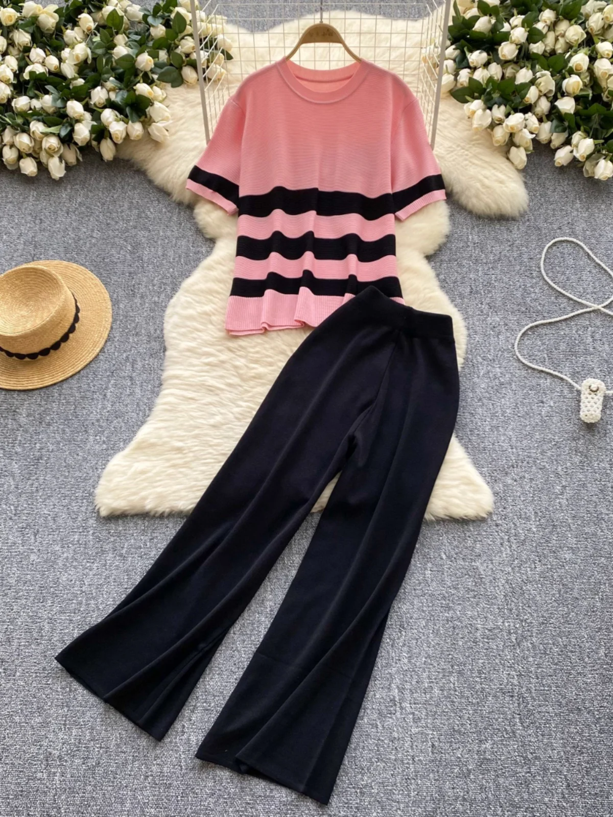 

Модный трикотажный комплект, женская футболка ort Sve round Ne, утягивающие широкие брюки с высокой талией, осень-зима, в полоску, Ense...