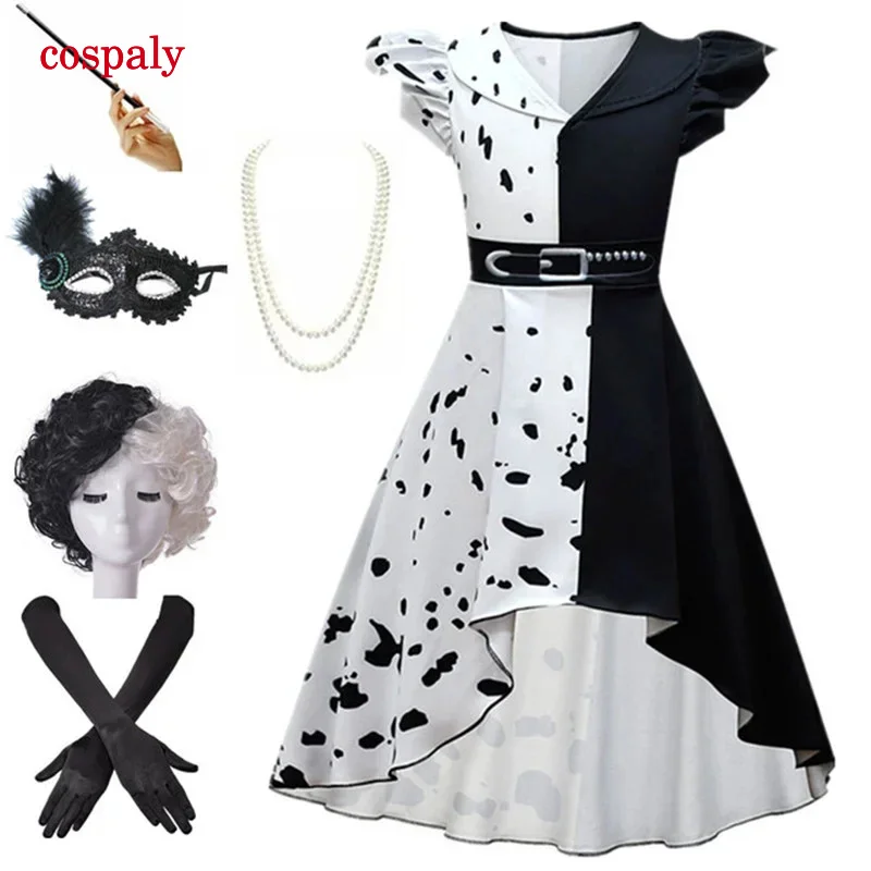 2023 Halloween Child Cruella Costume Masquerade Party Girls Black White Long Dress With Cape Carnival Kids Cruella Wig Lace Mask