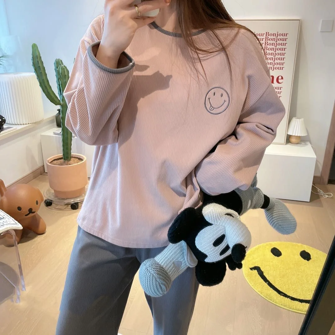 

plus Size Women's Spwear Set Autumn Winter Comfortable Smiling Face Long Sve Home Clothes Outwear High Waist Loose Fit