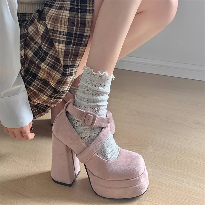 Luxury Suede High Heels Women Designer Platform Mary Jane Shoes Fashion Cross Strap Ladies Elegant Vintage Shallow Pumps Shoes