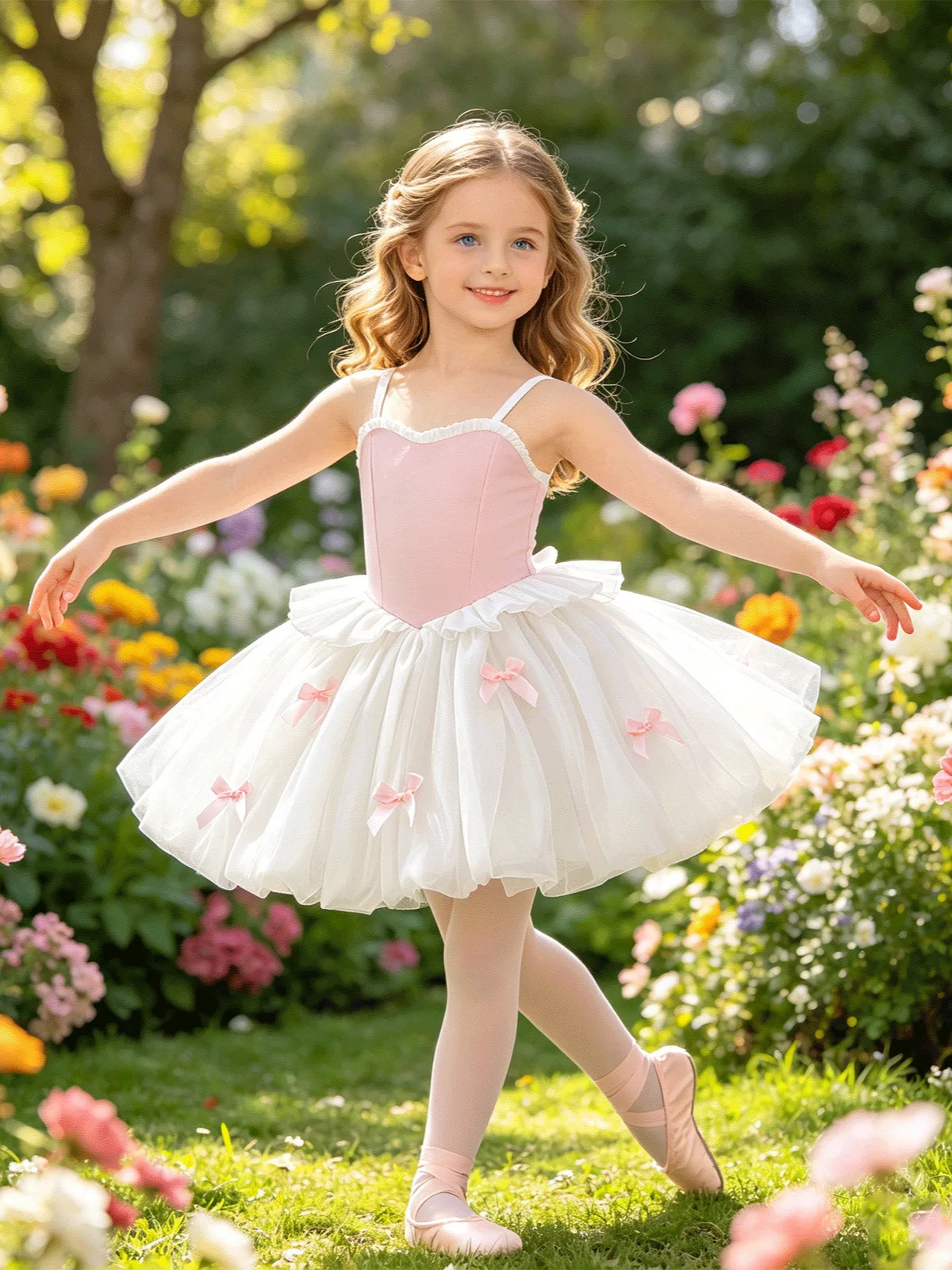 Girls Ballet Tutu Dress Spaghetti Strap Pink White Bow Kids Dance Costume Princess Dress for Birthday Stage Performance 2-8Y