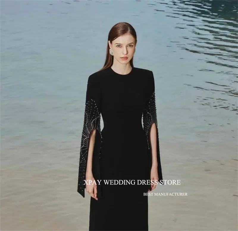 XPAY Modern Black Evening Dresses Dubai Arabic Women Jewel Neck Handmade Beads Cut-Out Long Sleeves Formal Dress Party Wedding