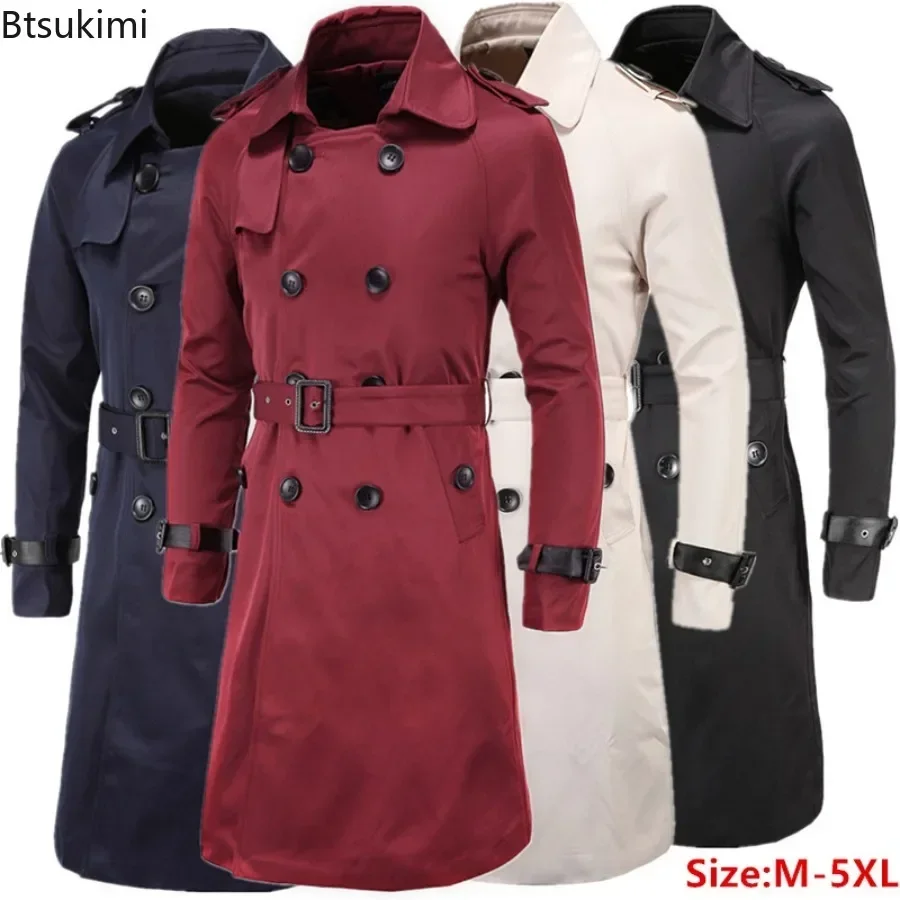 New 2025 Brand British Style Men's Classic Trench Coats Trendy Double Breasted Adjustable Waist Belt Slim Long Outerwear for Men