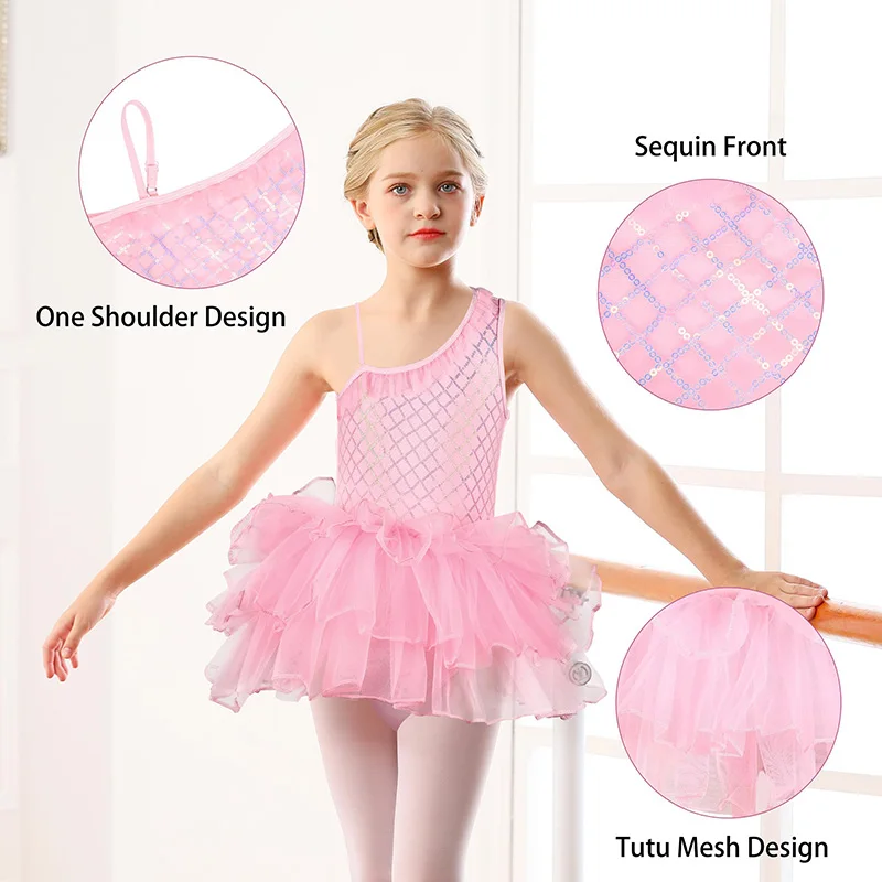 الفتيات أكمام بروتيل الترتر واحد الكتف الباليه الرقص كشكش توتو فستان يوتار للطفل طفل الجمباز ممارسة الرقص