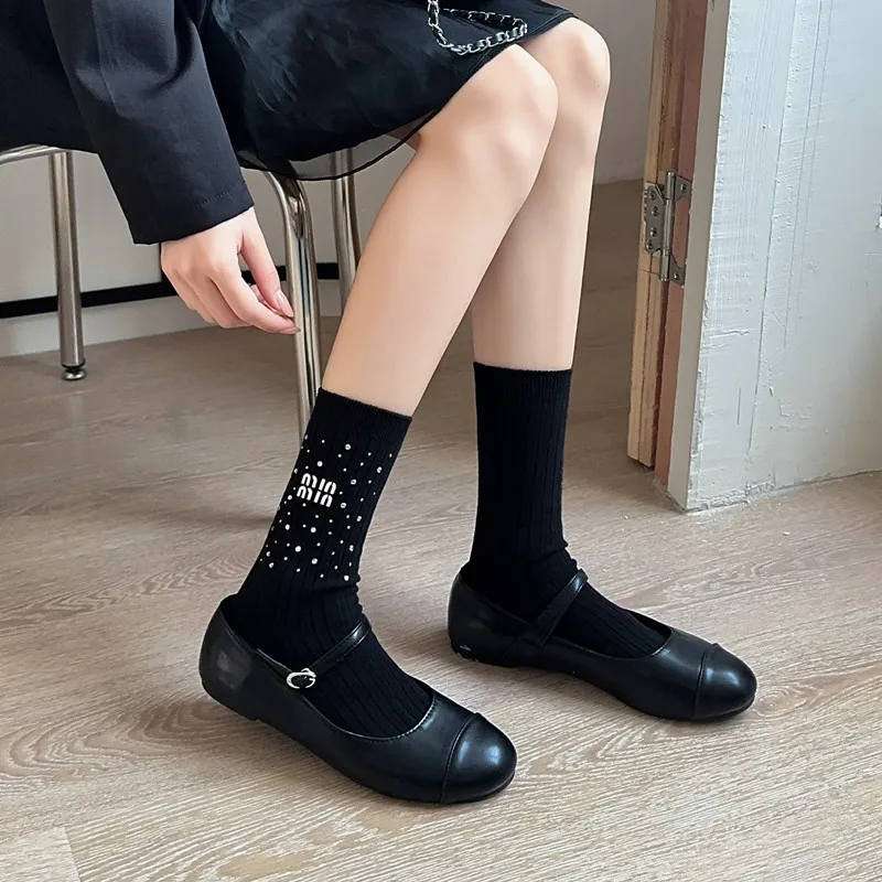 Trendy Rhinestone Black and White Medium Tube Socks for Women Spring and Summer Thin Korean Long Tube Cotton Ins Style