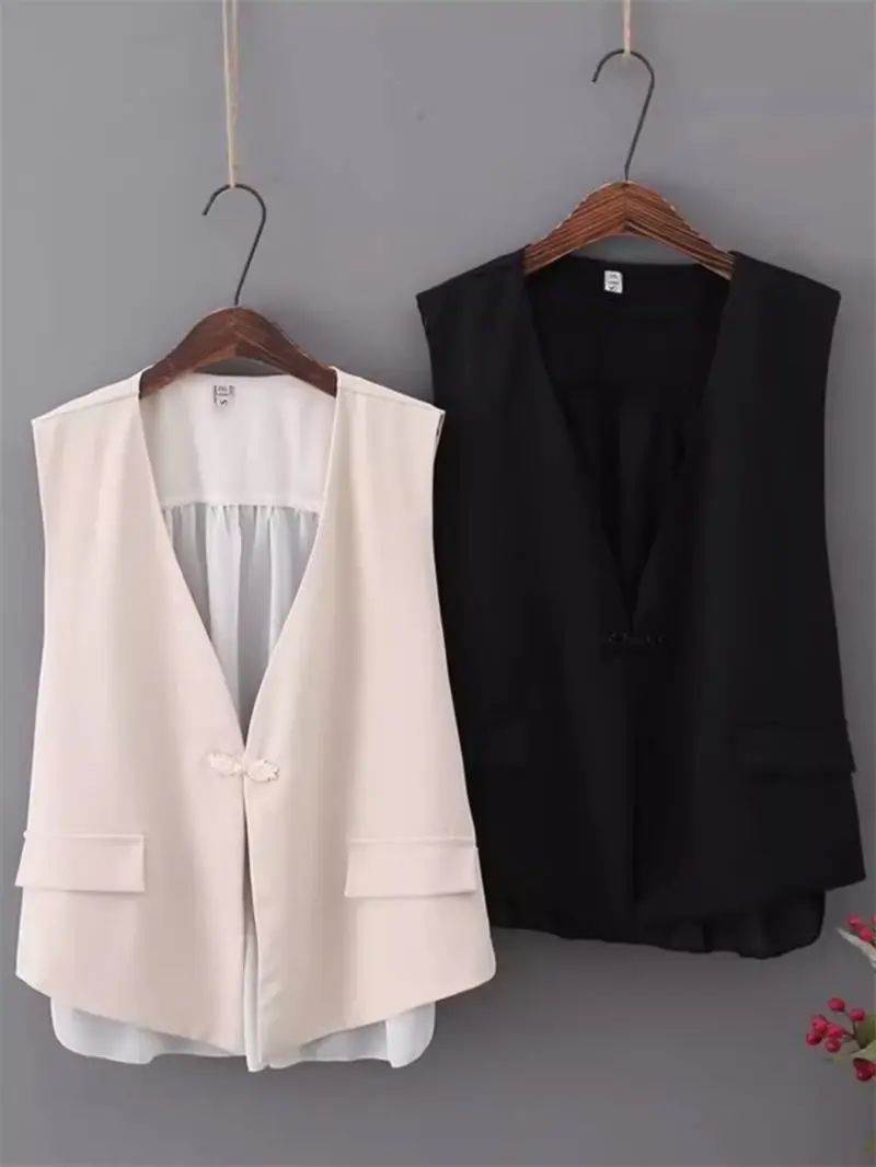 

Модный женский костюм большого размера, жилет, Новинка лета 2024, стройнящий пиджак без рукавов с V-образным вырезом и пряжкой, K1009