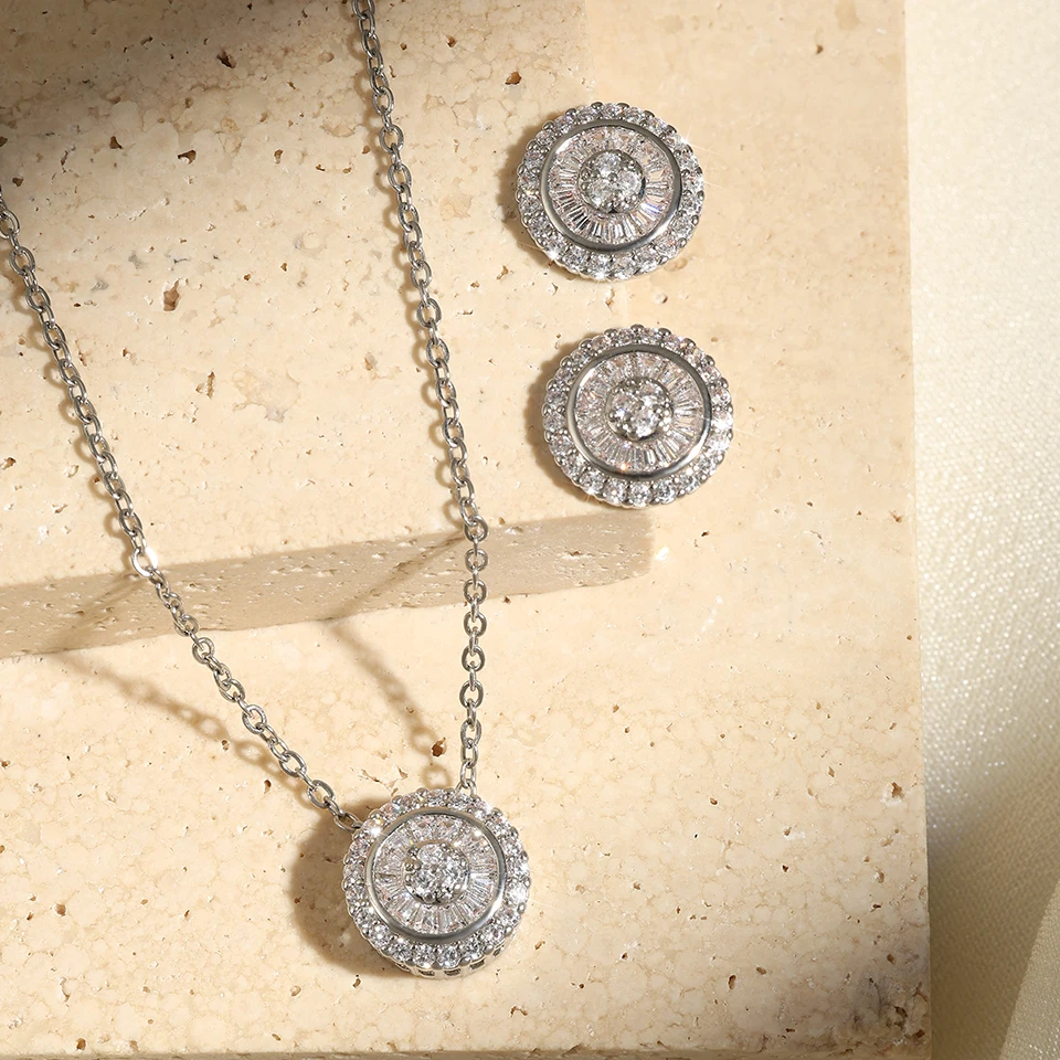 Women's Korean Circular Micropaved Zircon Necklace Earrings Set