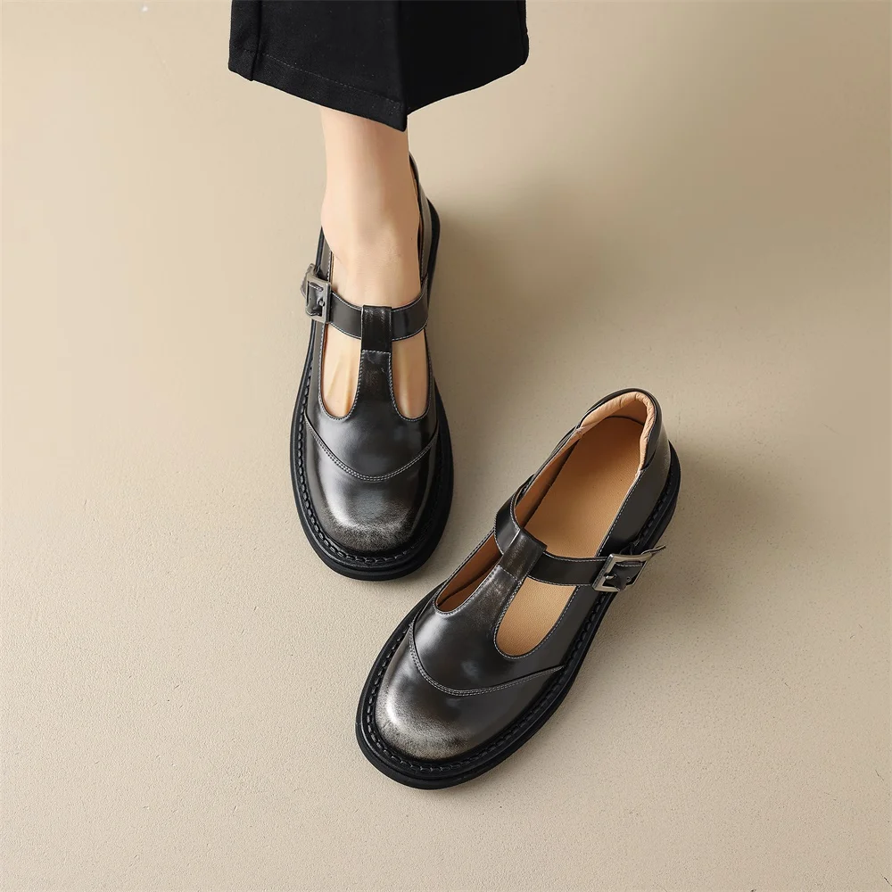 Taoffen Casual Loafers For Women Genuine Leather Mixed Colors Square Heel Buckle Strap Pumps Round Toe Thick Sole Office Shoes